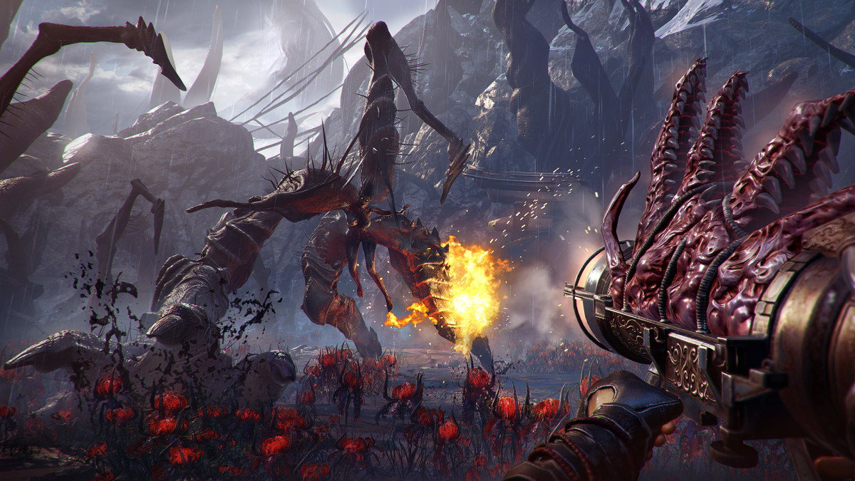 Shadow Warrior 2: The player aims a large gun at a demonic creature, seen from the first-person perspective.